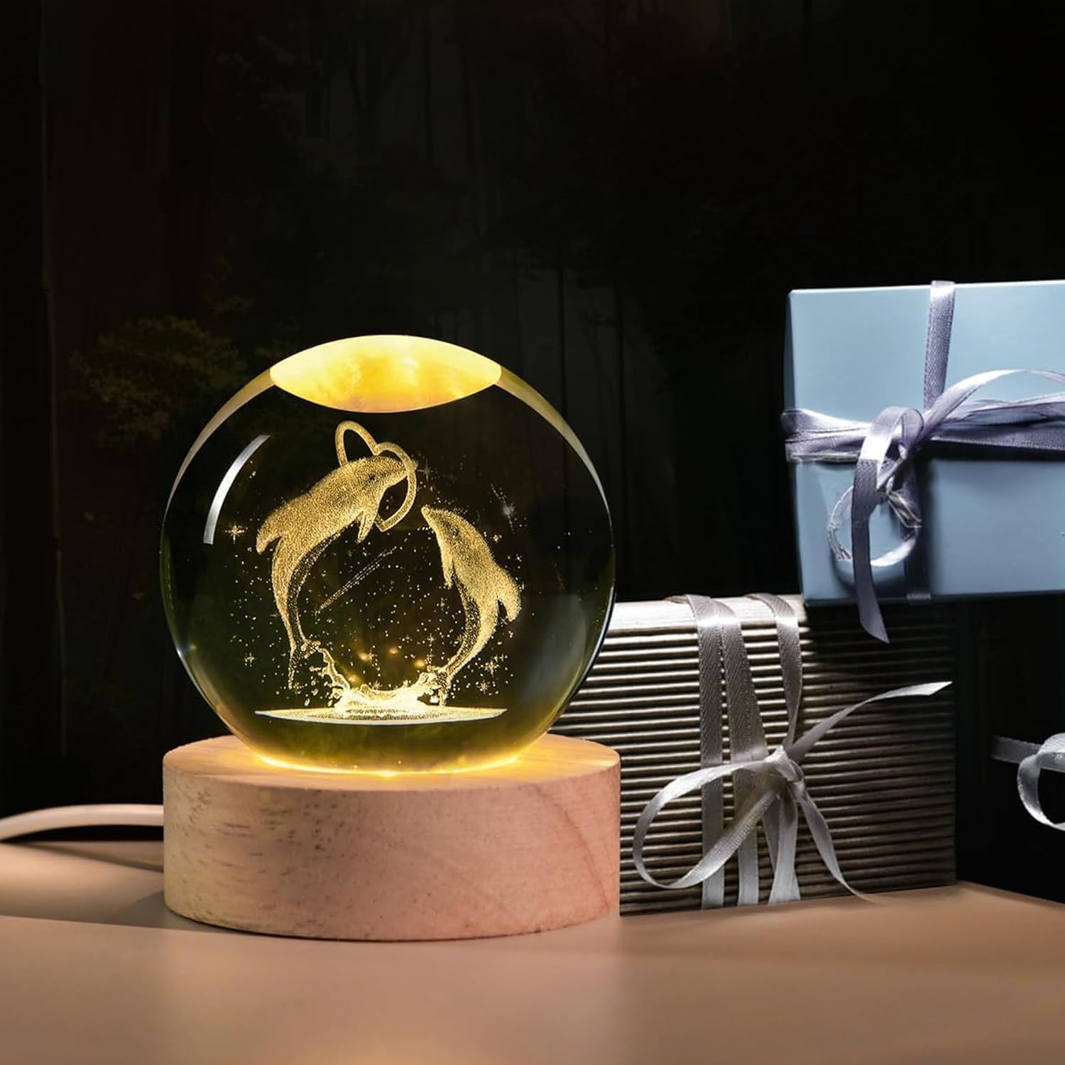 Dolphin Heart Crystal Night Lamp