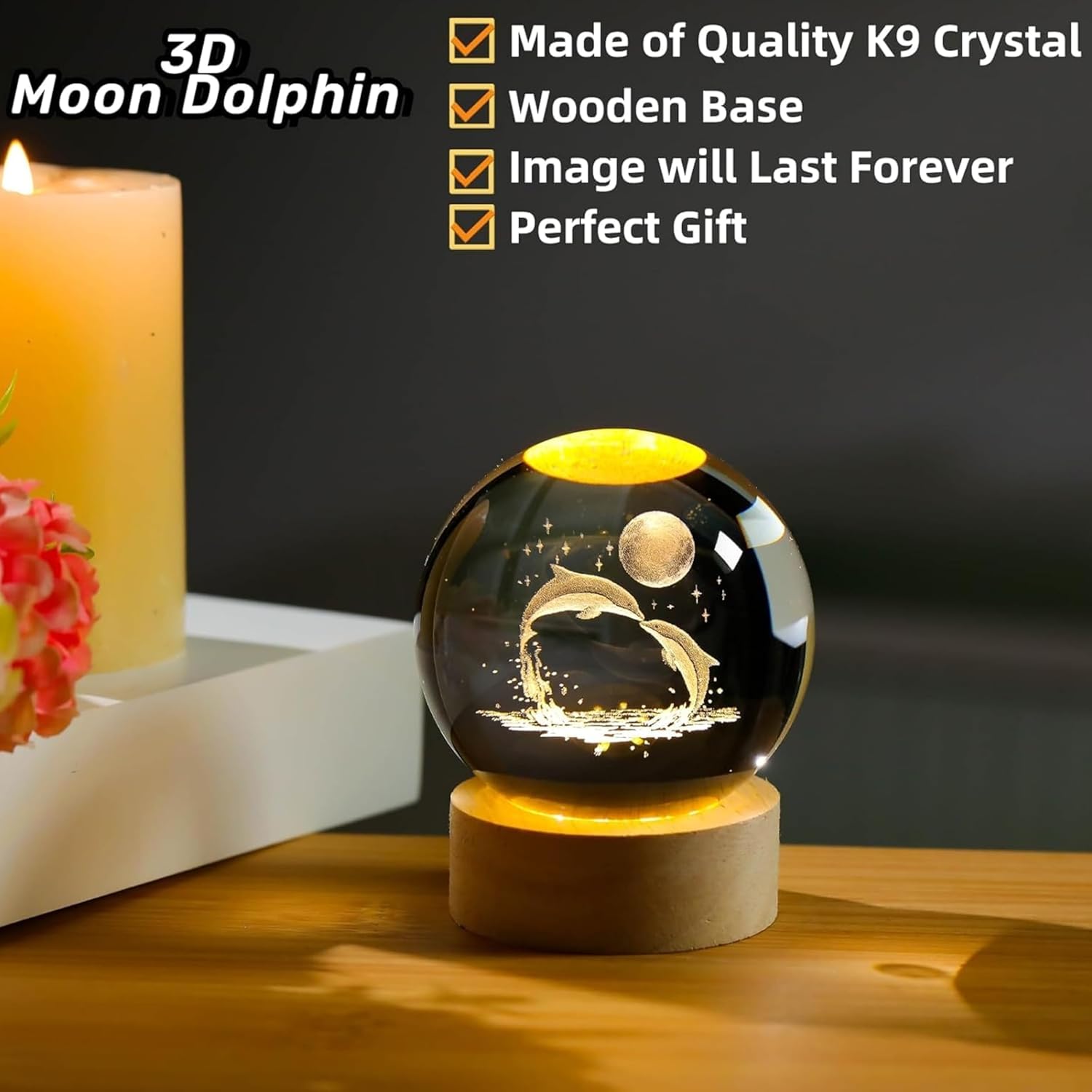 Dolphin with Moon Crystal Night Lamp